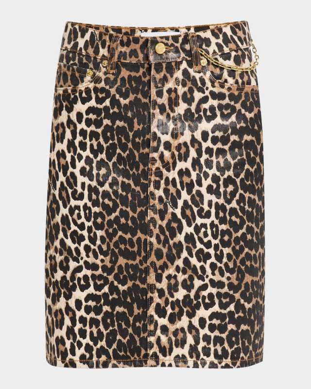 Foiled Leopard-Print Denim Skirt